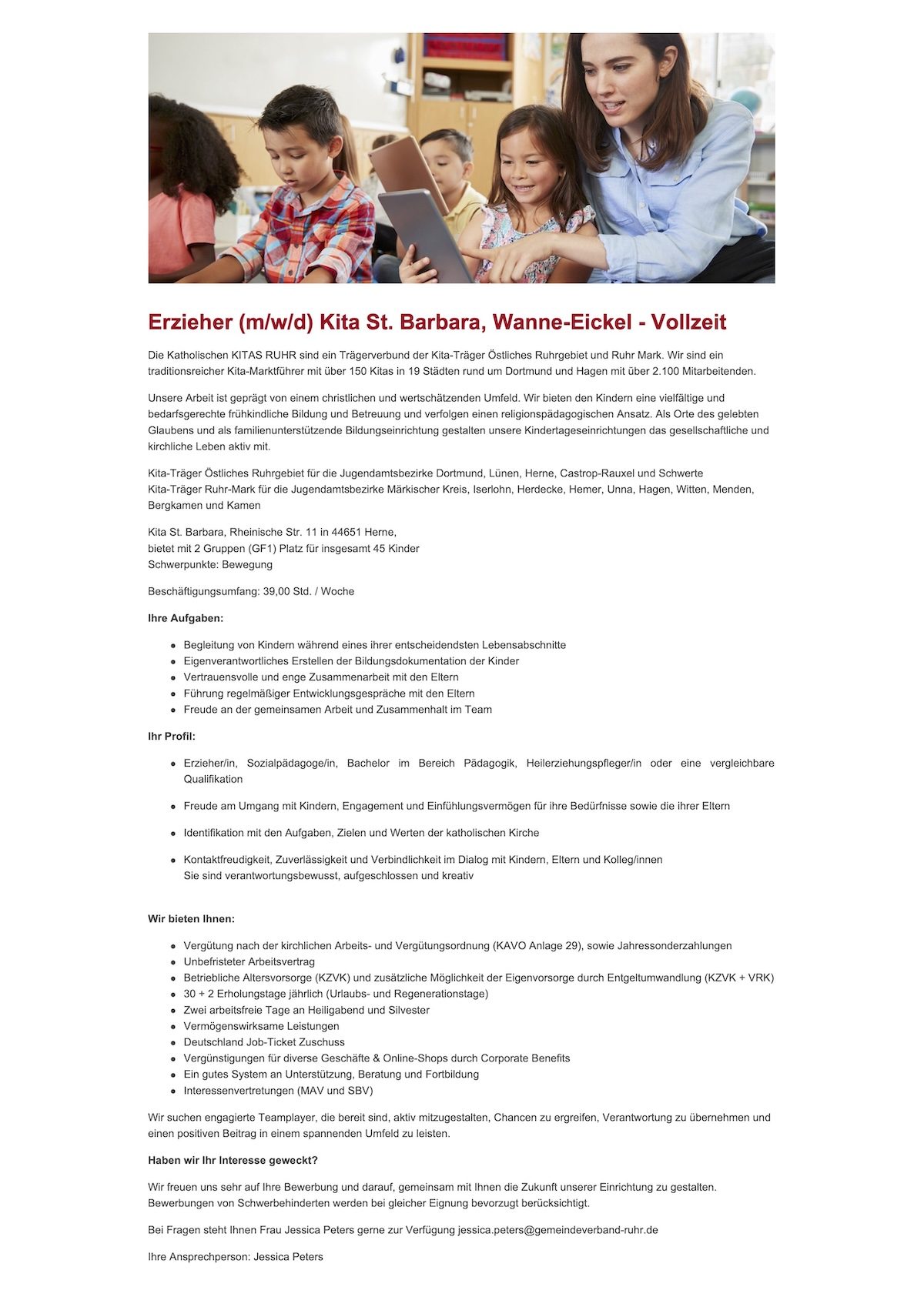 Stellenanzeige Katholische KITAS RUHR: Erzieher (m/w/d) Kita St. Barbara, Wanne-Eickel, Vollzeit