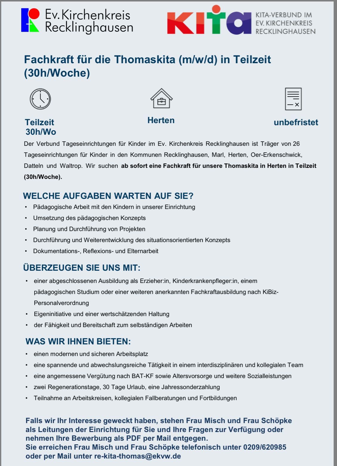 Stellenanzeige Kita-Verbund im Ev. Kirchenkreis Recklinghausen: Fachkraft für die Thomaskita in Herten (m/w/d), Teilzeit 30 Stunden pro Woche, unbefristet