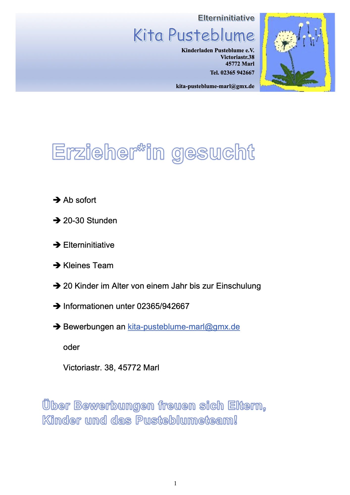 Aushang Elterninitiative Kita Pusteblume Marl: Erzieher*in gesucht, ab sofort, 20 bis 30 Stunden