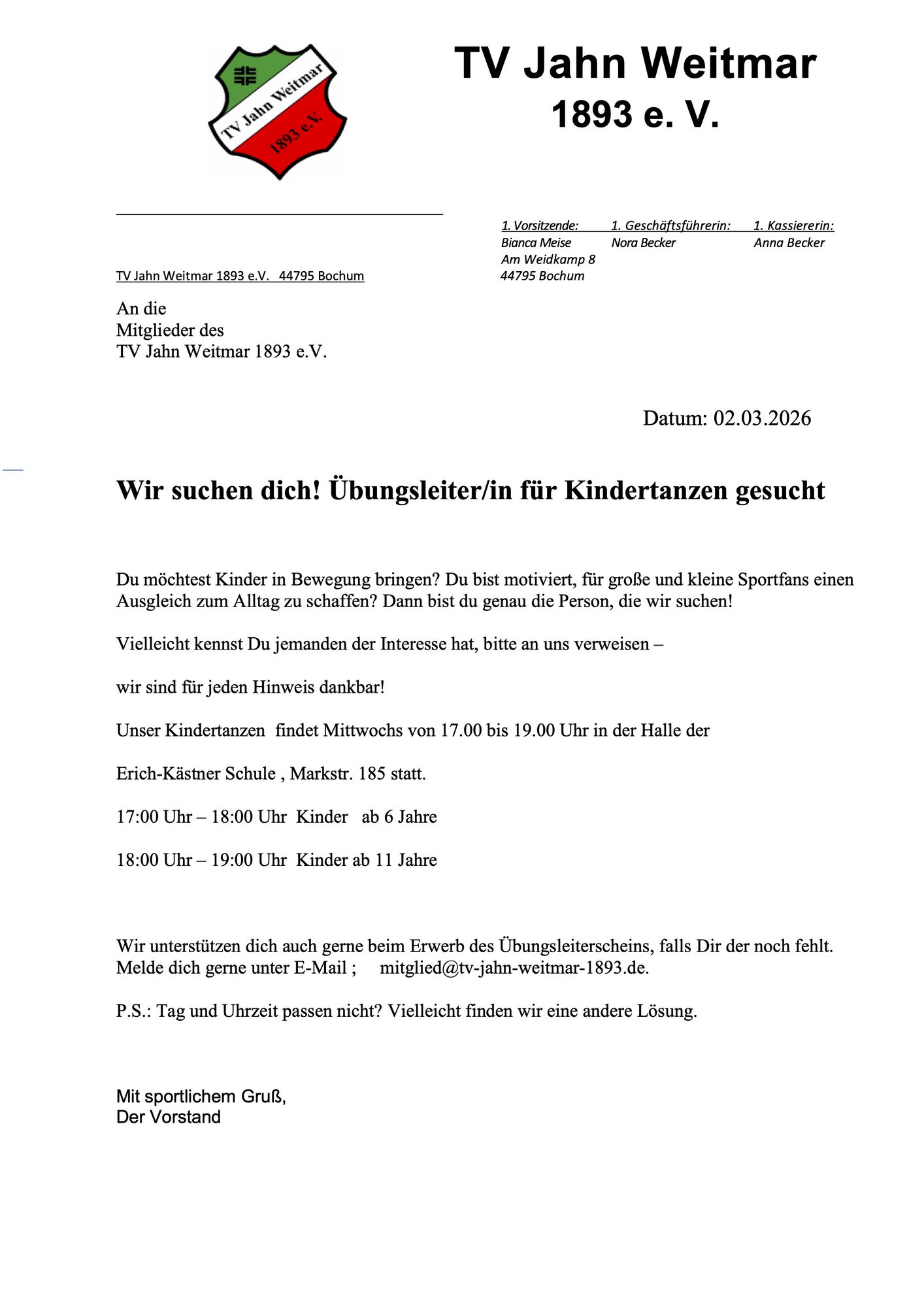 Aushang TV Jahn Weitmar: Übungsleiter/in für Kindertanzen gesucht, mittwochs 17 bis 19 Uhr
