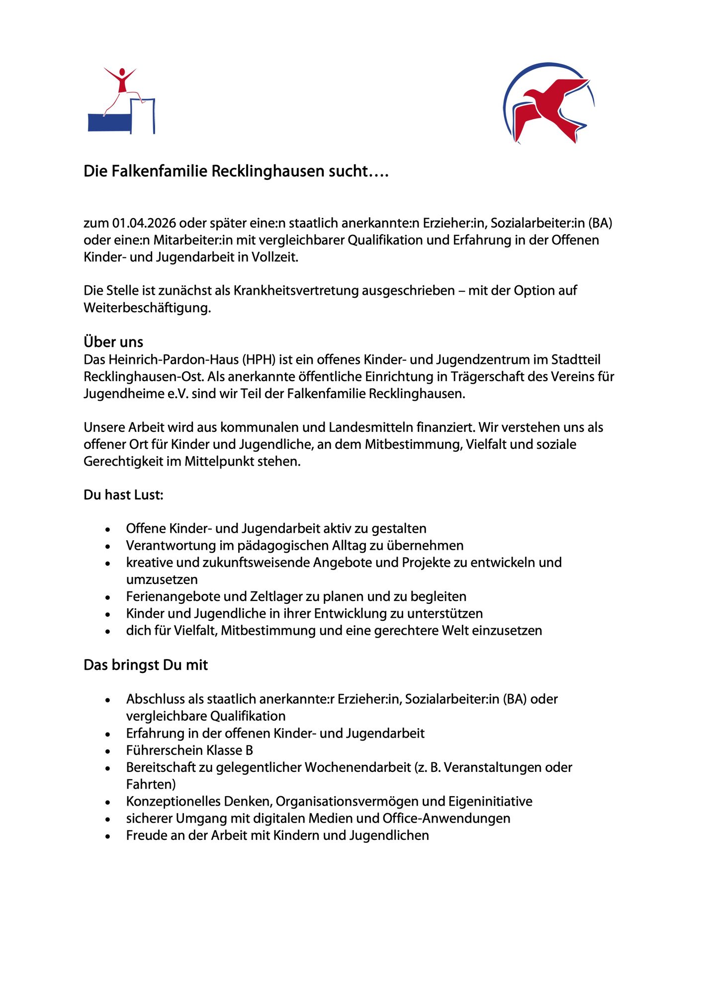 Stellenanzeige Heinrich-Pardon-Haus Recklinghausen: Erzieher:in oder Sozialarbeiter:in in der Offenen Kinder- und Jugendarbeit, Vollzeit